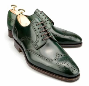 Botas informales hechas a mano de cuero genuino color verde brogue punta de ala para hombre - Imagen 1 de 6
