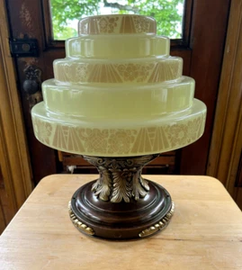 Ornate Art Deco Brass Red Spot Light Fixture Base, Custard Glass Shade Free S/H - Picture 1 of 12