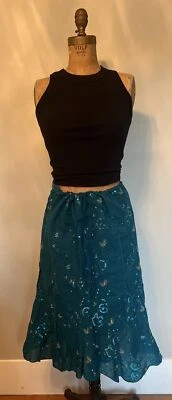Vtg Y2K - Gauzy Cotton Teal Sequined  Ruffled Mermaid Hem Knee Skirt Women's M/L - Image 1 of 4