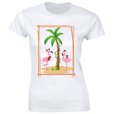 Christmas Tropical Vacation with Flamingos Palm Trees Lights T-Shirt for Women - Image 1 of 2