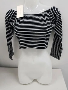 NEW Silent Theory Women Black Striped One Shoulder Stretchy Crop Top Size 10 M - Picture 1 of 2