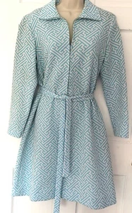 Vintage 70er Jahre Kleid türkis blau Druck vorne Reißverschluss langärmelig Gürtel Polyester - Bild 1 von 9