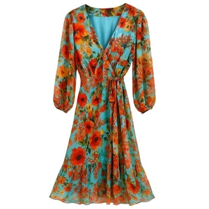 Maree Pour Toi Womens Floral Whimsical Silk Blend Wrap Midi Dress Plus 24 Resort - Picture 1 of 13