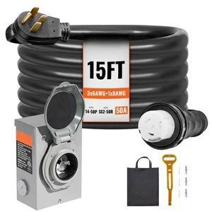 15FT 50 Amp Generator Cord and Power Inlet Box NEMA 14-50P/SS2-50R STW - Picture 1 of 10