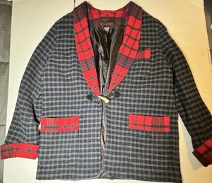 Ralph Lauren LAUREN Lambs Wool Blazer L Navy/Red check Tartan plaid Pockets - Picture 1 of 20