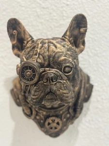 Steampunk French Bulldog Wall Sculpture Statue Bronze Gear Design Dog Head Art - Picture 1 of 7
