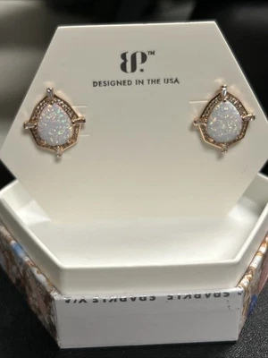 Bomb Party Oct 2025 Forged To Glow Earrings Milky White Opal Rose Gold Plating - Image 1 of 2