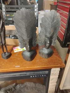 Pair Of Mid-century 15-in Tall Canyon Wood Carving Woman With Headdress - Picture 1 of 20