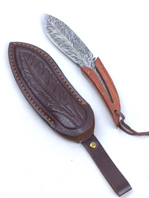 4-inch HUNTING Knife w/ STAINLESS Laser-Etched FEATHER Blade & PU LEATHER Sheath - Image 1 of 4