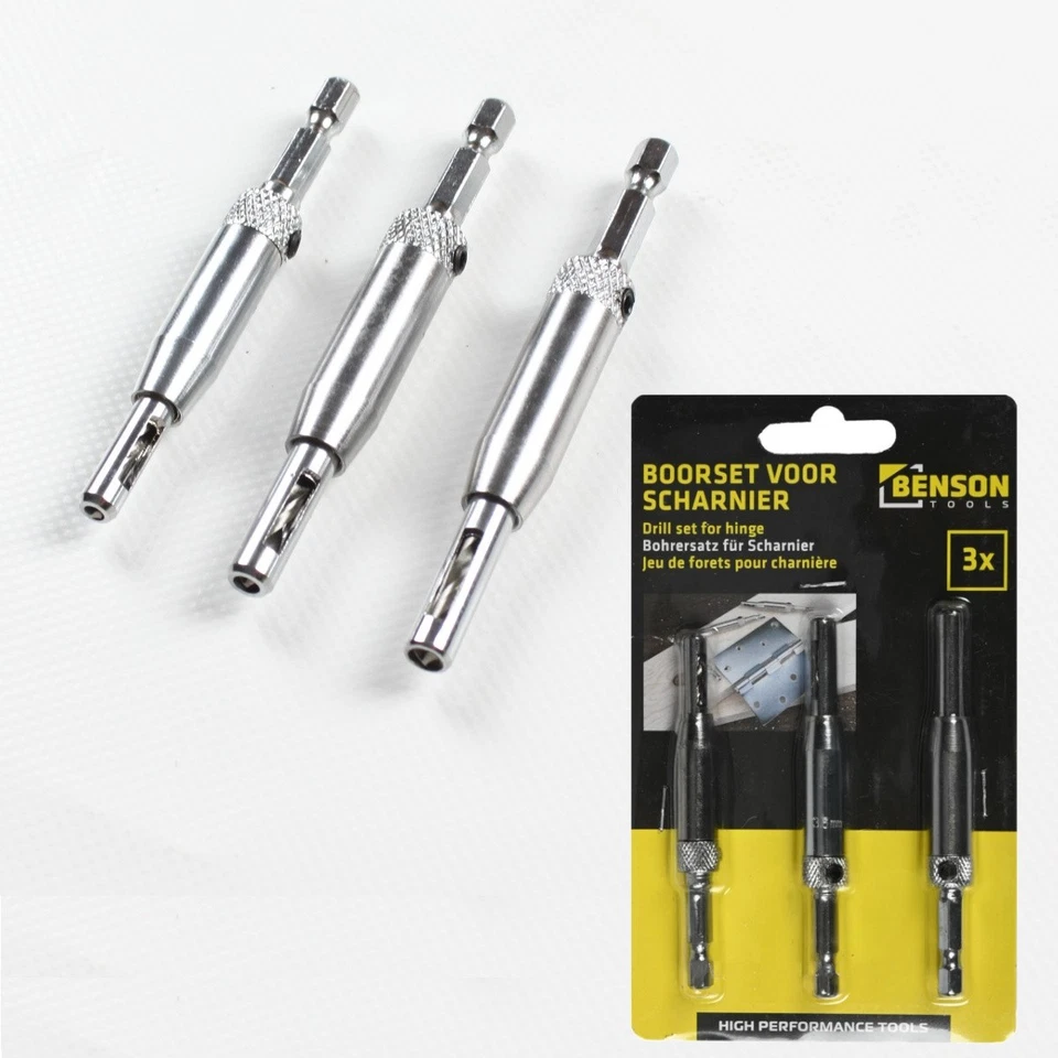 BENSON Scharnierbohrer Set 3 Stück Bohrersatz Bohrer für Scharniere 2,8 - 3,6 - 4,4mm