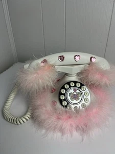 PINK FUZZY FEATHER LANDLINE PHONE PUSH BUTTON TELEPHONE CUSTOM Y2k - Picture 1 of 7