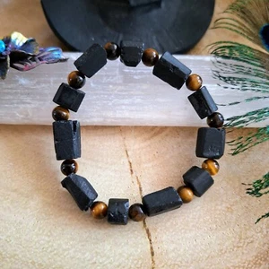 Raw black tourmaline and tigers eye crystal bead healing bracelet root chakra - Picture 1 of 12