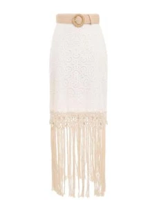 Falda con flecos Zimmermann Vitali | bordado blanco inglés, cinturón de ratán, algodón - Imagen 1 de 10