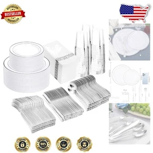 350 Pcs Silver Plastic Plates Set - Elegant Disposable Dinnerware for 50 Guests - Picture 1 of 11
