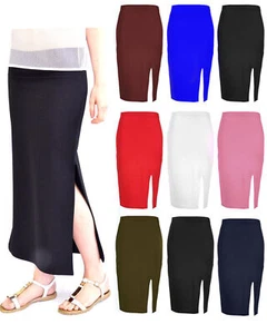 Womens Side Split Maxi Skirt Ladies Casual Pencil Slit Stretch Bodycon Plus Size - Picture 1 of 11