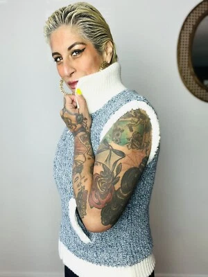 FAUX SHERPA 1980’s 80s 90’s Vintage Gitano Azul Crema Tejido Suéter Chaleco M Foto 1 de 4