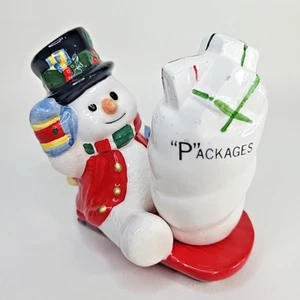 Snowman Sledding w/Packages/Gift Bag Christmas Vintage Salt & Pepper Shaker Set - Picture 1 of 9