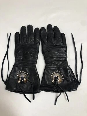 Harley Davidson Women's Black Silver Studded Fringed Leather Gloves Size Medium - Image 1 of 4