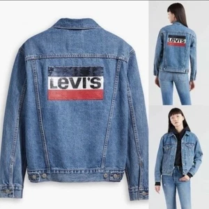 Giacca Jean Levi's Originale Paillettes Denim Blu Rossa Taglia Small - Foto 1 di 16