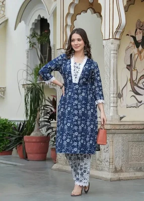 Conjunto de vestido túnica Kurta de algodón puro de diseñador para mujer india conjunto Kurti Foto 1 de 4