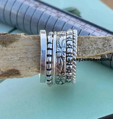Sterling Silver Stacking Rings: Hammered Texture, Boho Hippie Style All Size - Image 1 of 4
