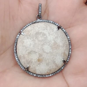 2 inch Large Fossil Coral With Diamond Pendant in Sterling Silver, 925 Sterling - Picture 1 of 5