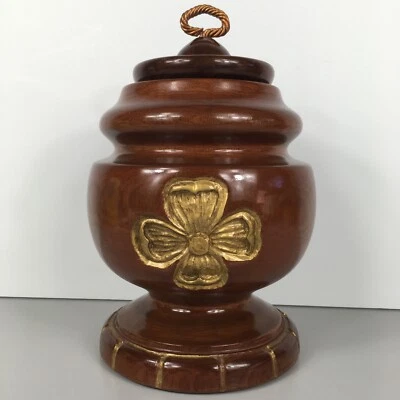 Jarrón de madera tallado torneado a mano con tapa único redondo 9,75" 1979 caja de almacenamiento firmado Foto 1 de 4