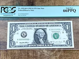 $1 1995 FRN 1922-K* Dallas STAR PCGS 66PPQ - 00000066* LOW SERIAL 66 STAR - Picture 1 of 2