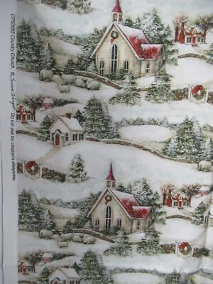 Susan Winget "Country Church" Escena de vacaciones de invierno TELA DE ALGODÓN SBTY X 44" Foto 1 de 4