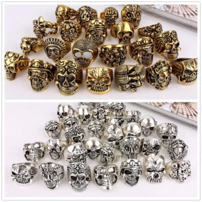 50pcs Skull Gold Silver Antique skeleton Wholesale Men's Gothic Biker Punk Rings - Image 1 of 4
