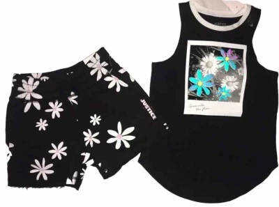 Camiseta sin mangas Justice Girl talla pequeña 7-8 pantalones cortos estampado margarita negra nueva con etiquetas Foto 1 de 4