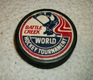 VINTAGE BATTLE CREEK WORLD HOCKEY TOURNAMENT HOCKEY PUCK, NICE,RARE PRINTED PUCK - Picture 1 of 2