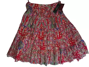 NEU MIT ETIKETT $ 119 LAUREN RALPH LAUREN A-LINIE ABGESTUFT ROT BUNT BAUMWOLLE GEFÜTTERTER ROCK Größe PL - Bild 1 von 13