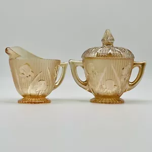 Vintage Jeanette Iris Herringbone Carnival Glass Iridescent Marigold Cream Sugar - Picture 1 of 17