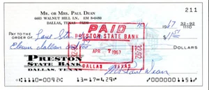 Cheque firmado Paul 'Daffy' Dean con fecha 1967 - para factura de gas - Cardenales/Marrones de la década de 1930 - Imagen 1 de 2