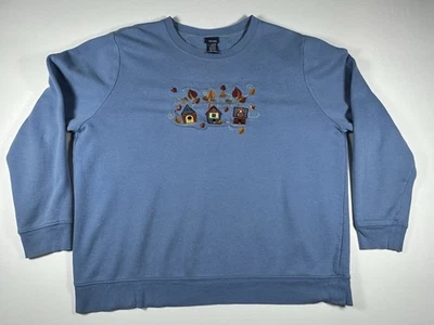 Vintage 90s Basic Editions Embroidered Birdhouse Fall Sweatshirt Blue XL See Pic - Image 1 of 4