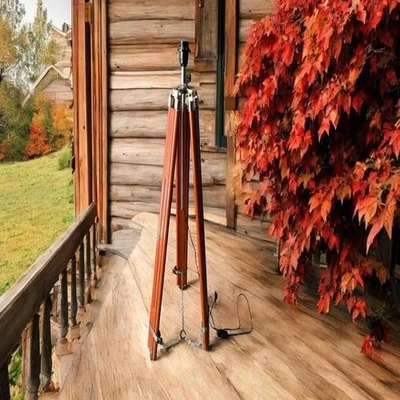 Adjustable Wooden Tripod Floor Lamp Modern Standing Light Brass Aluminum Lightin - Image 1 of 4