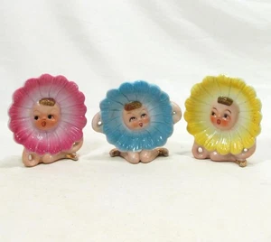 3 VTG Japan Anthropomorphic Flower Tea Bag Holder Figurines Yellow Pink Blue - Picture 1 of 13