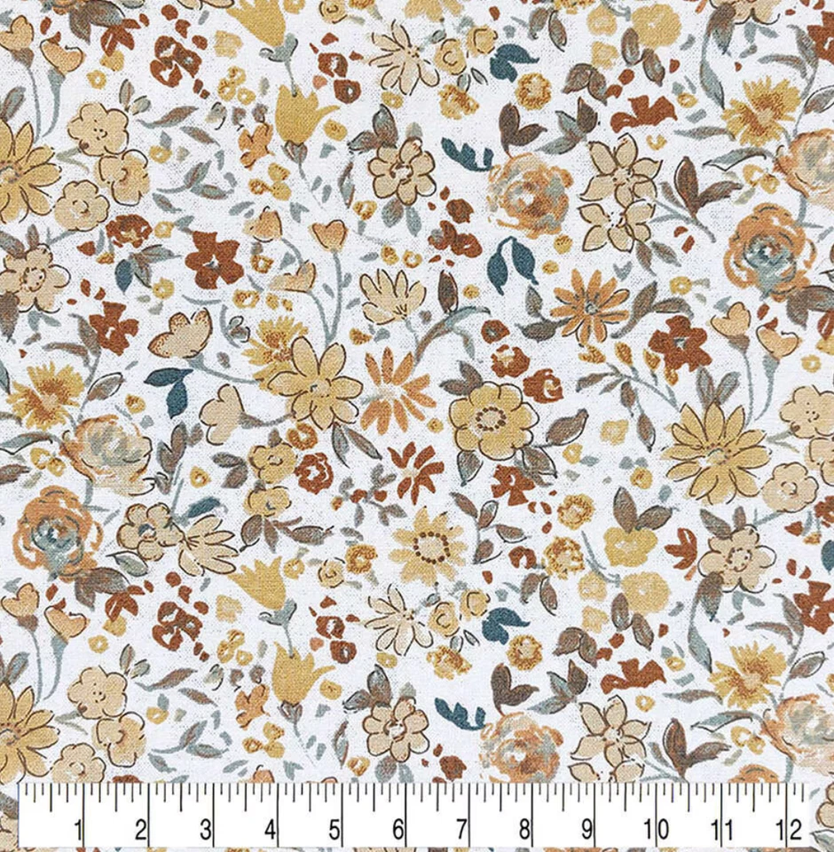 Fabric Keepsake Yellow Brown Teal Cream Mini Floral 100% Cotton Quilt 22" Long - Image 1 of 1