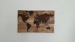 World map on recycled wood offcuts, Upcycled reclaimed, wallhanging. - Picture 1 of 4