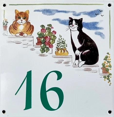 Vintage French enamel house number 16 sign Cat plaque for door wall street gate Cover
