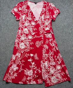 Lands End Dress Womens 14 Red White Wrap Floral Butterfly Beachy Coastal Travels - Picture 1 of 19