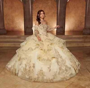 Champagne Quinceanera Dress Ball Gown Long Sleeve Gold Lace Appliques Sweet 16 - Picture 1 of 7