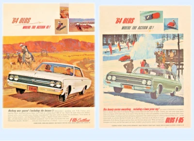 Two 1964 Oldsmobile F-85 Station Wagon & Cutlass Holiday Coupe Color Adverts - Image 1 of 3