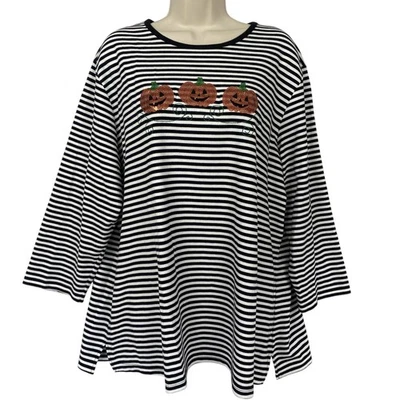 万圣节上衣女式 2X 黑色白色条纹亮片南瓜 Glam T 恤珊瑚湾 — 第 1/4 张图片