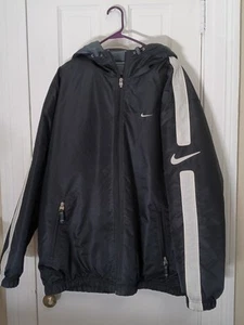 Vintage Y2K Nike Fleece Lined Hooded Jacket Mens L Nylon Polyester Logo Black - Picture 1 of 8