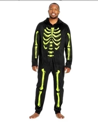 Мужская XL цельный пижамы или костюм для Хэллоуина черный скелет зарево в темноте - Изображение 1 из 3