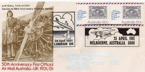 Australia-Cover flown April 1981 50th anniversary flight Melbourne-London Cover