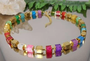 DESIGN Würfel Kette / MULTICOLOR Crackle GLAS + Hämatit Würfel / Collier - Bild 1 von 3