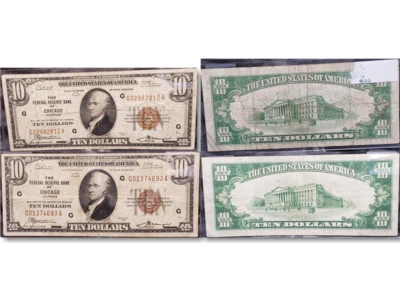 2x 1929 Chicago FRBN Lot 4B $10 1860-G Fed Reserve Bank Notes  KVE Investments - Image 1 of 4